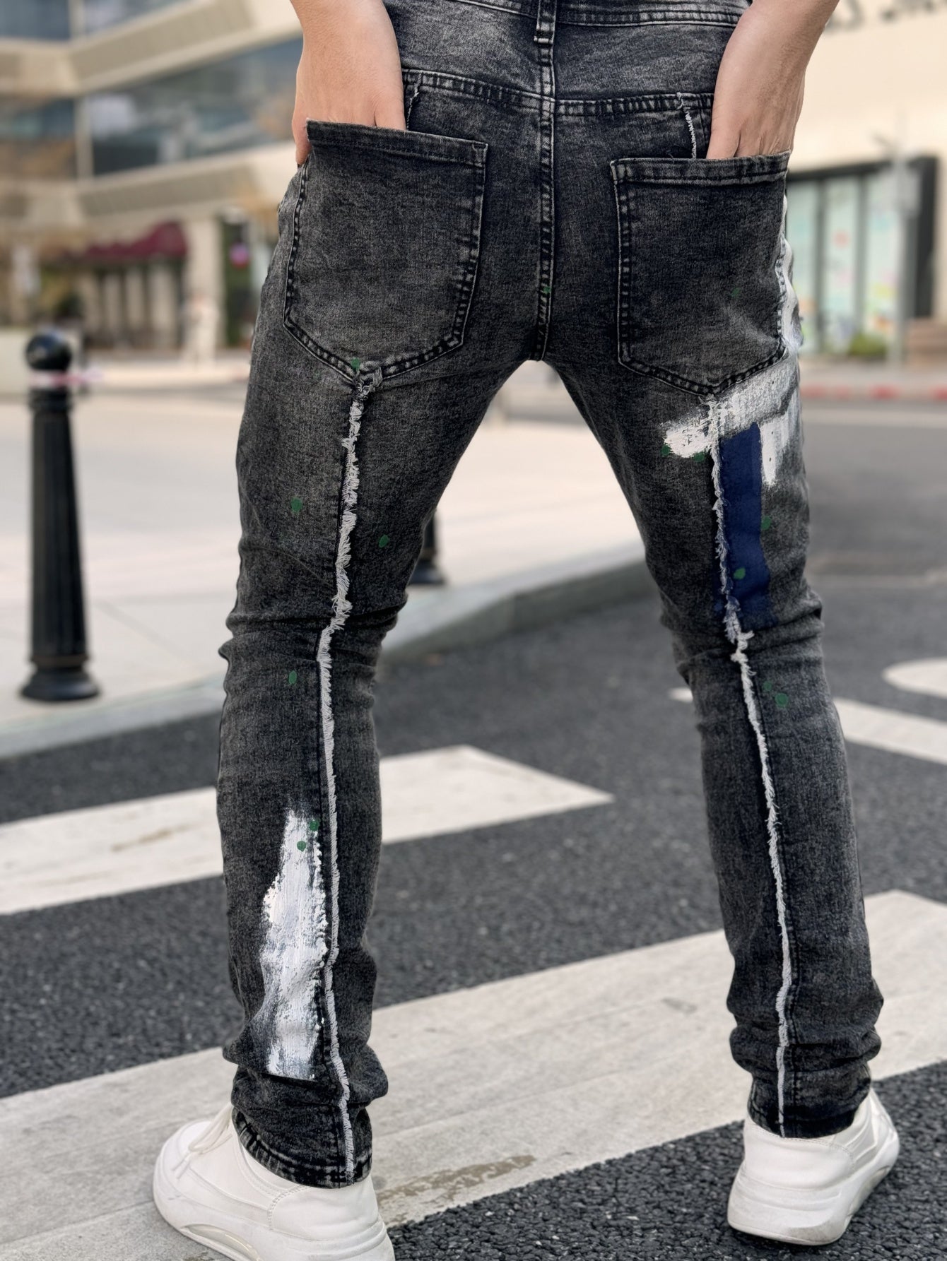 Men's Slim Fit Stretch Jeans with Hand-Painted Splatter & Tassel Details