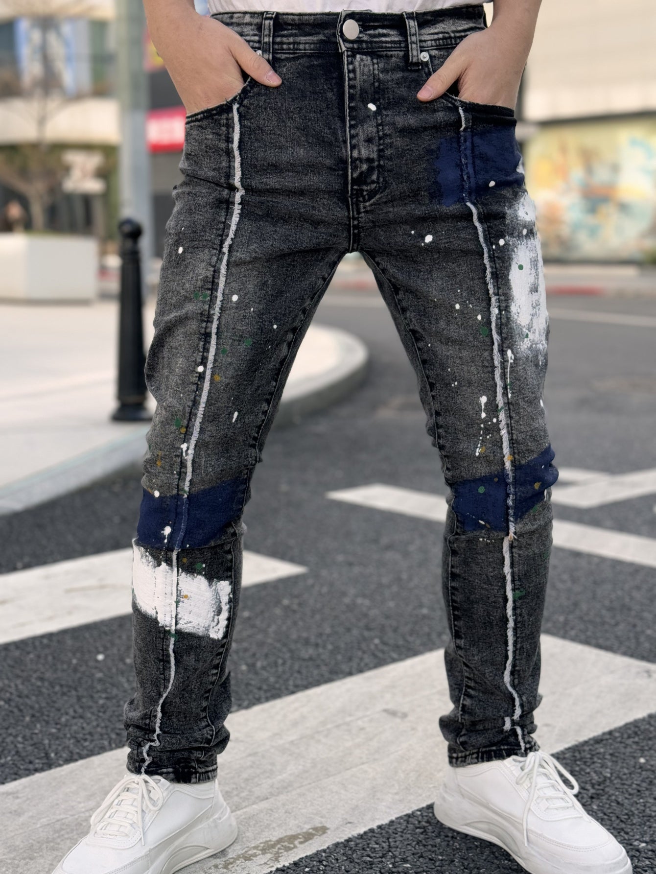 Men's Slim Fit Stretch Jeans with Hand-Painted Splatter & Tassel Details