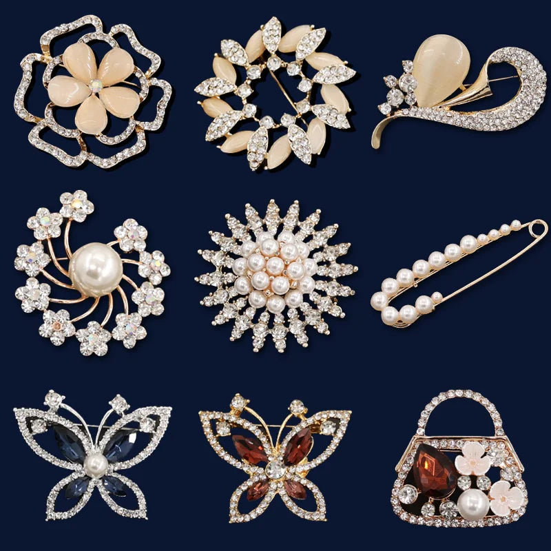 Elegant Metal Flower Pearl Butterfly Brooch Set for Women