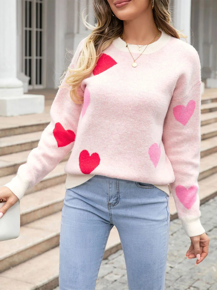 BookerBoutique25 Womens Heart Print Sweaters Round Neck