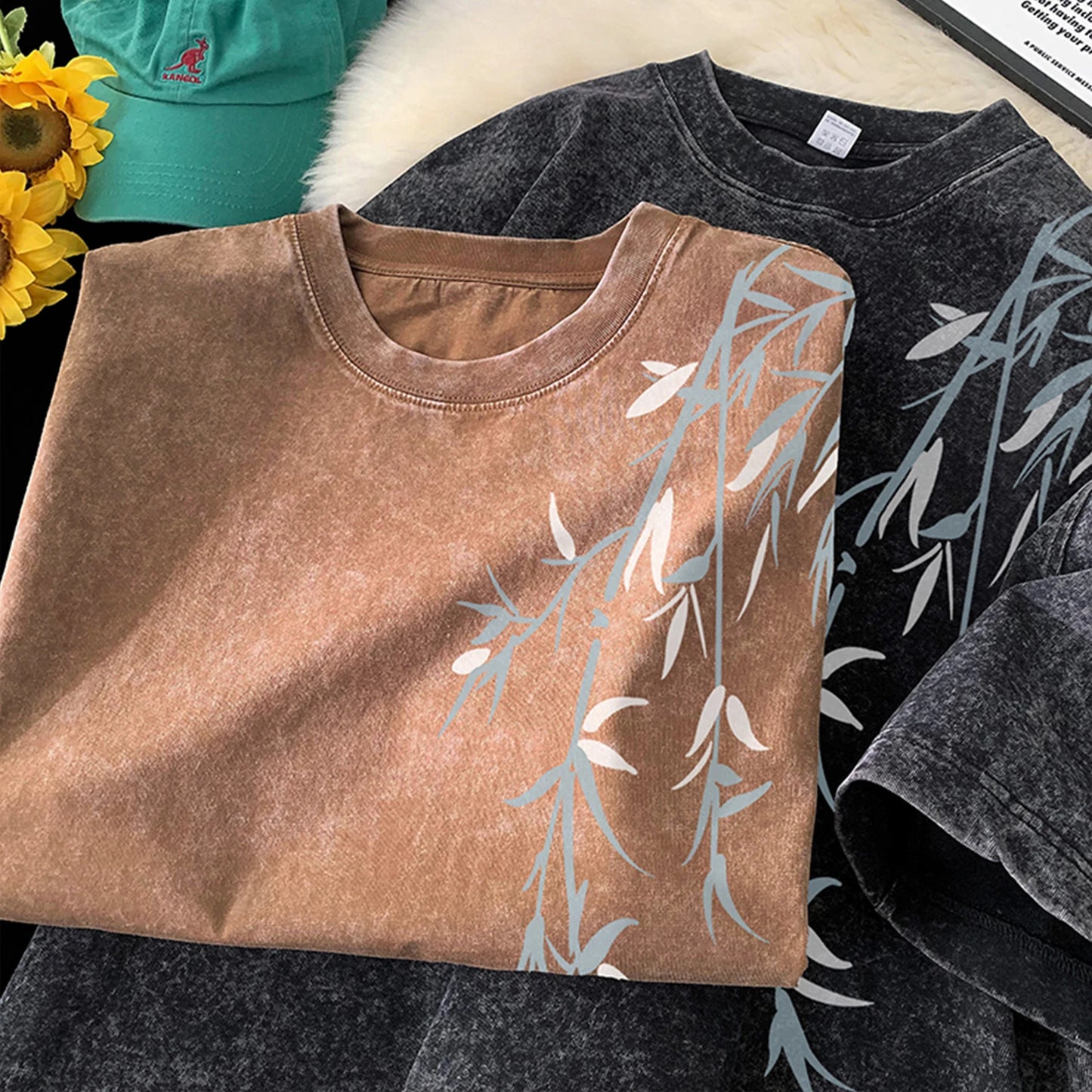 Bamboo Leaf Pattern Short Sleeve Heavy Fabric Acid Washed Men and Women Streetwear Oversized Loose T Shirt for Summer