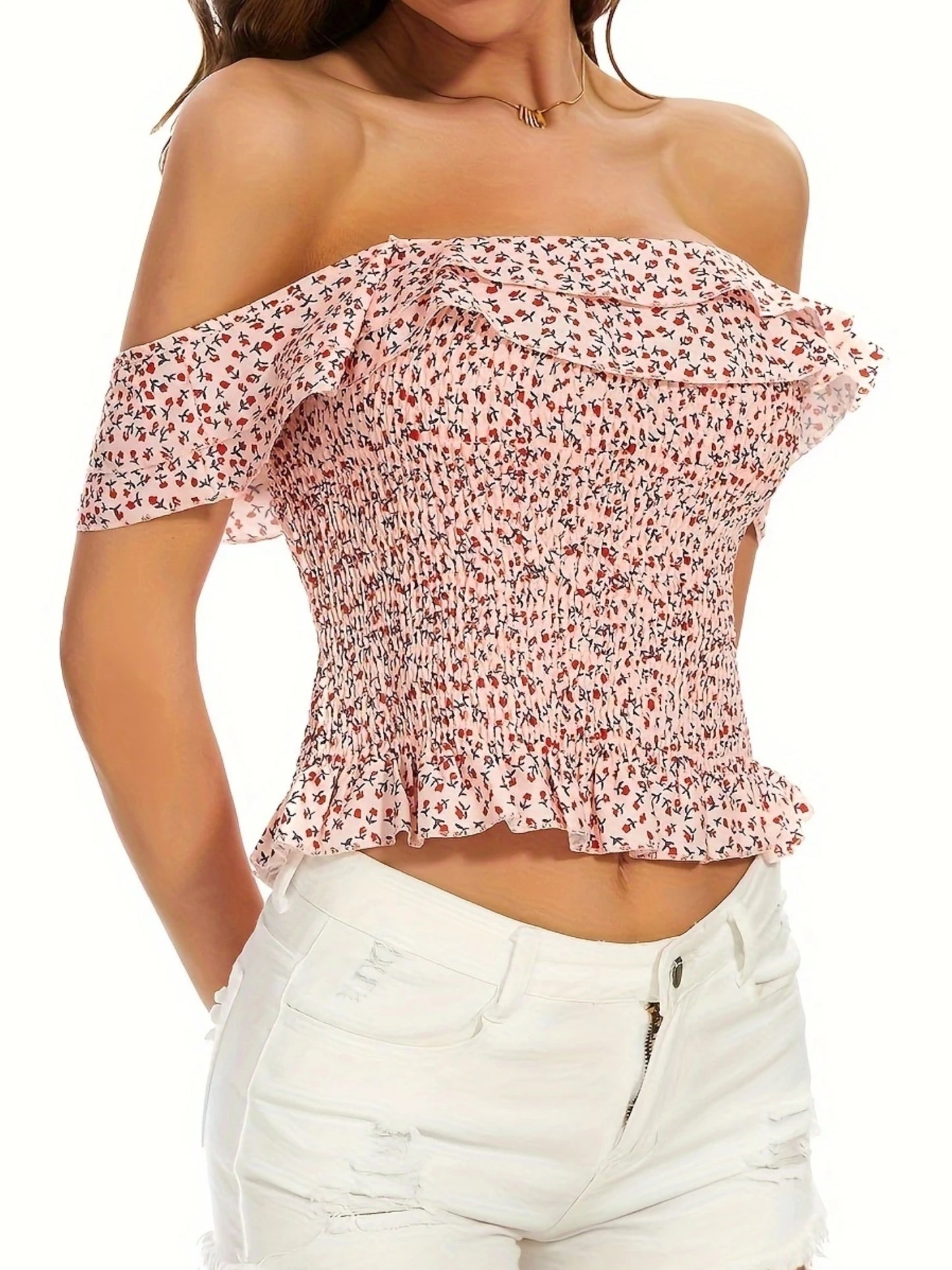 Summer Korean Sexy Off-shoulder Ruffle Floral Crop Top