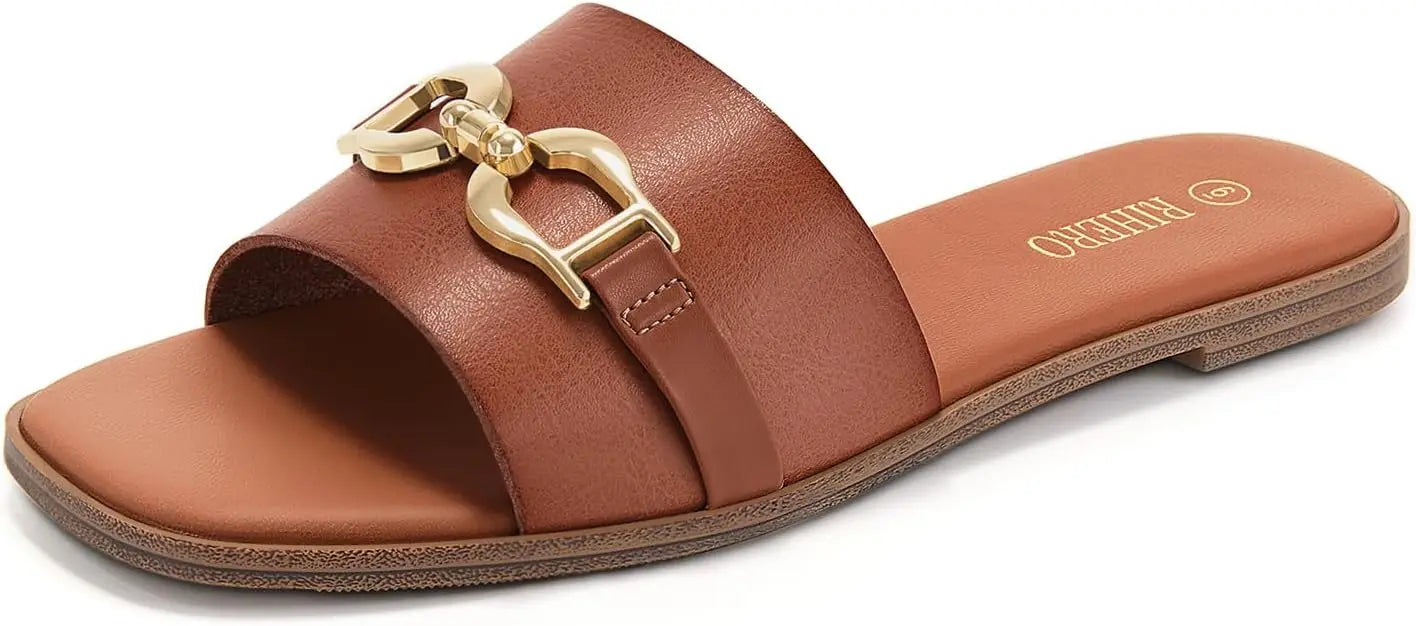 Women's Flat Slide Sandals with Gold Chain