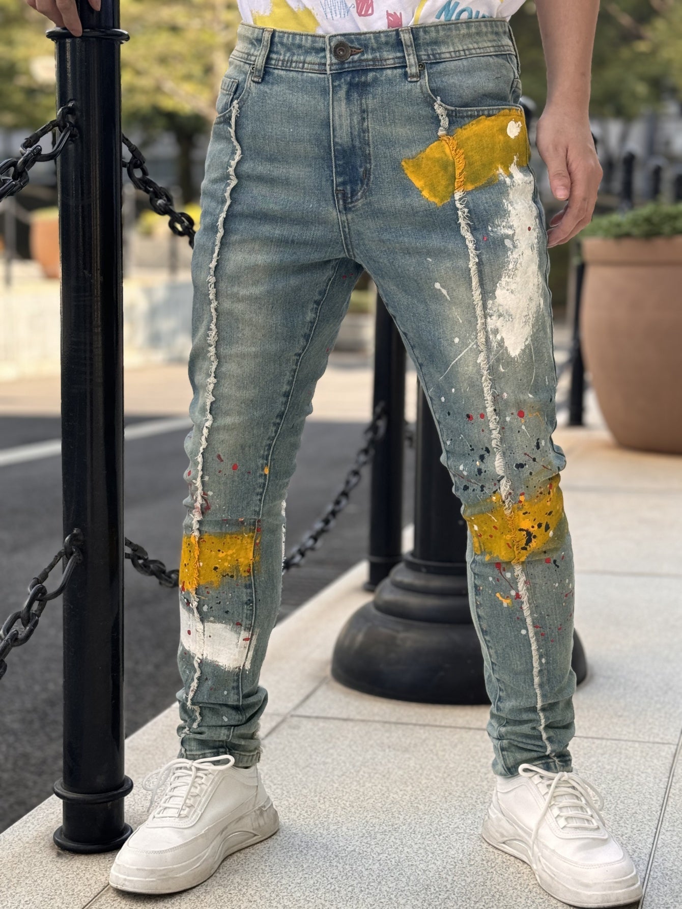 Men's Slim Fit Stretch Jeans with Hand-Painted Splatter & Tassel Details