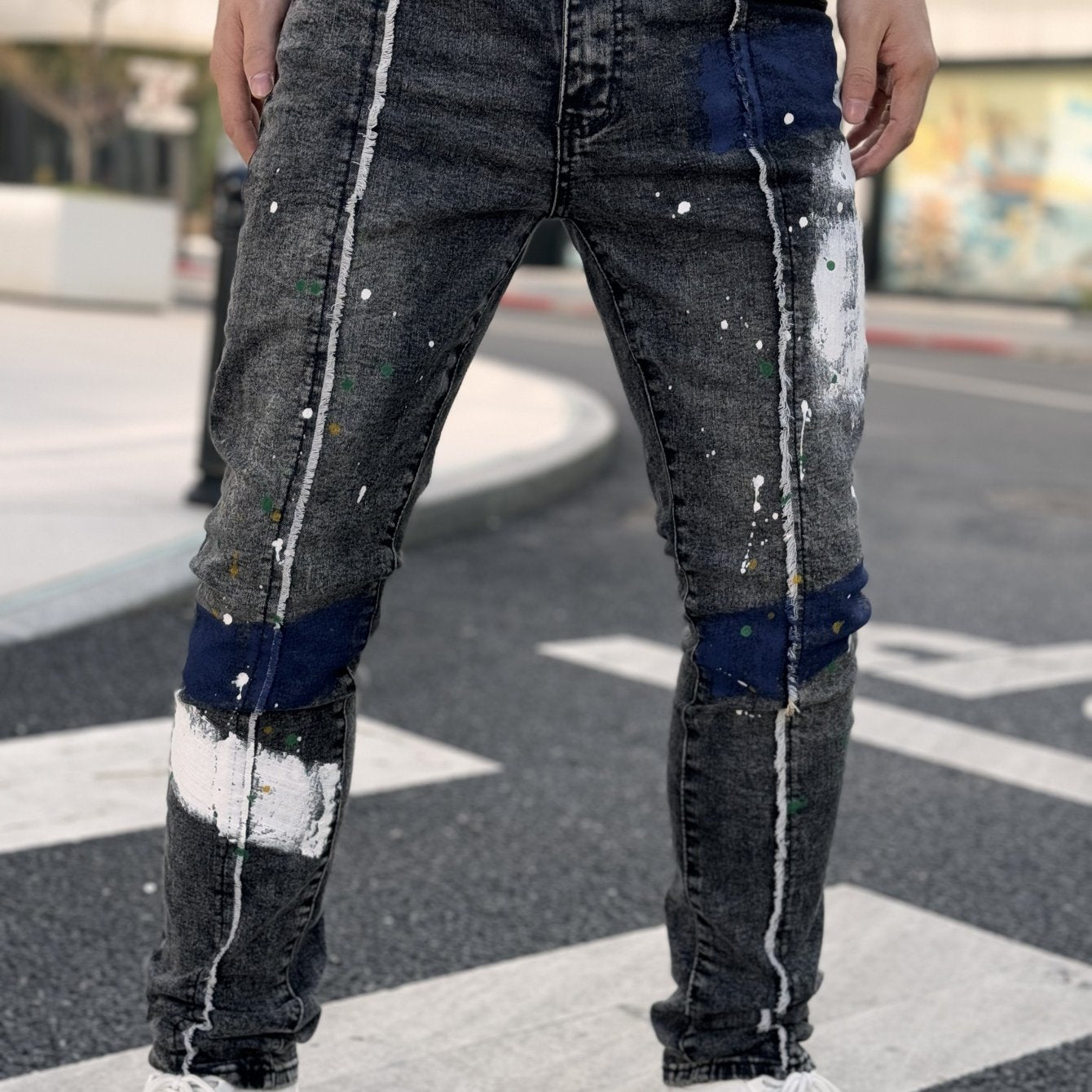 Men's Slim Fit Stretch Jeans with Hand-Painted Splatter & Tassel Details