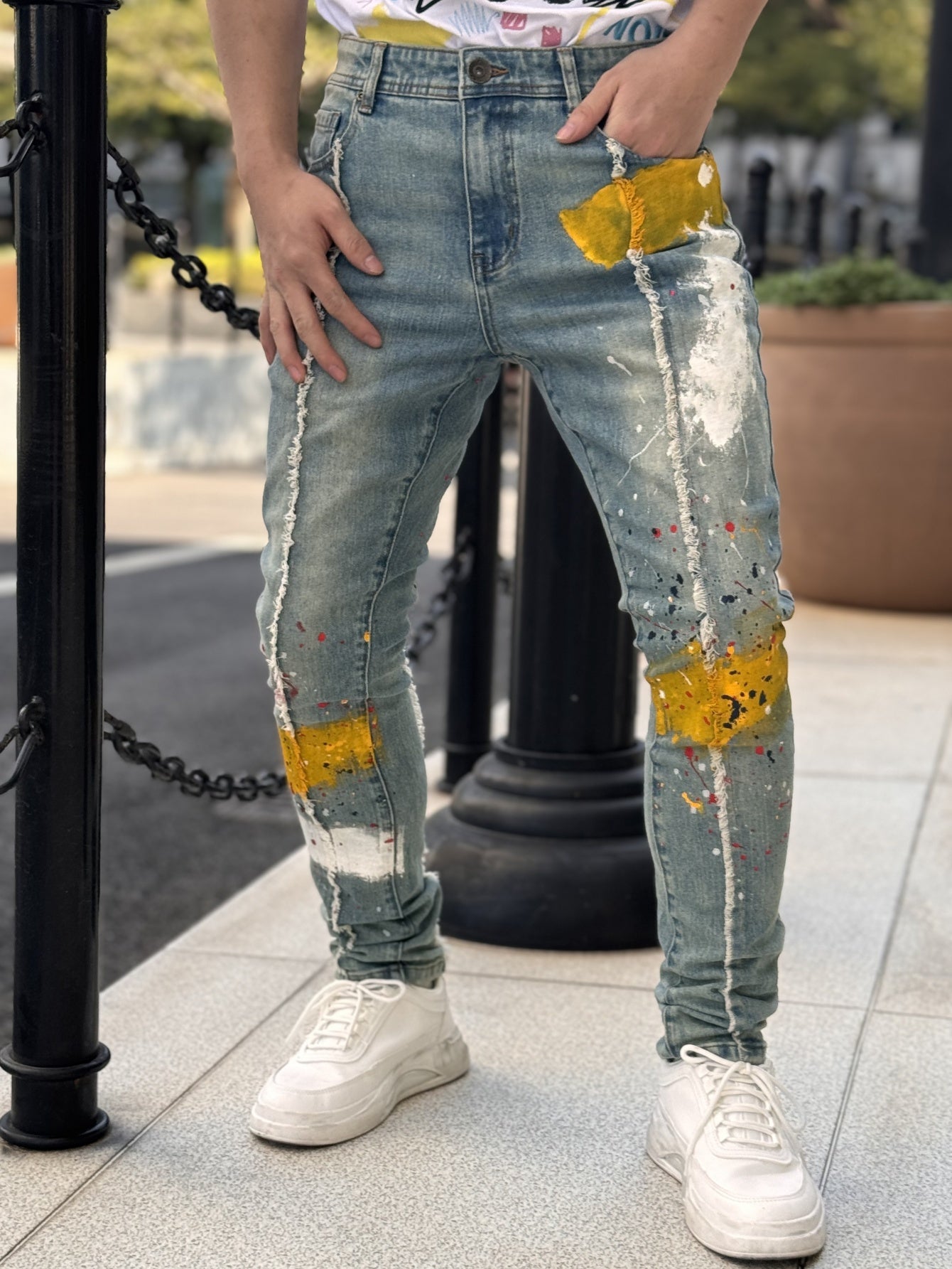 Men's Slim Fit Stretch Jeans with Hand-Painted Splatter & Tassel Details