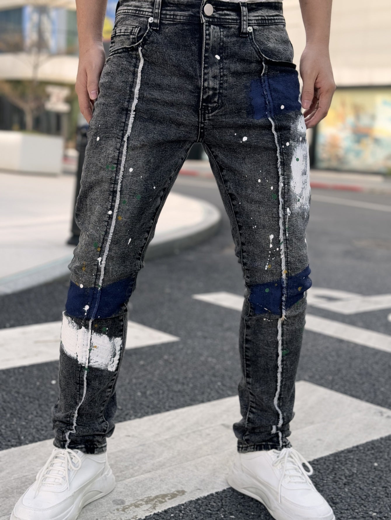 Men's Slim Fit Stretch Jeans with Hand-Painted Splatter & Tassel Details