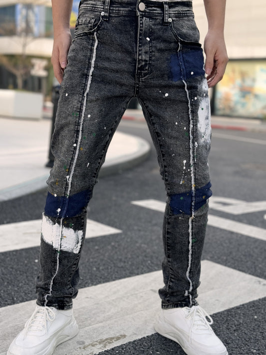 Men's Slim Fit Stretch Jeans with Hand-Painted Splatter & Tassel Details