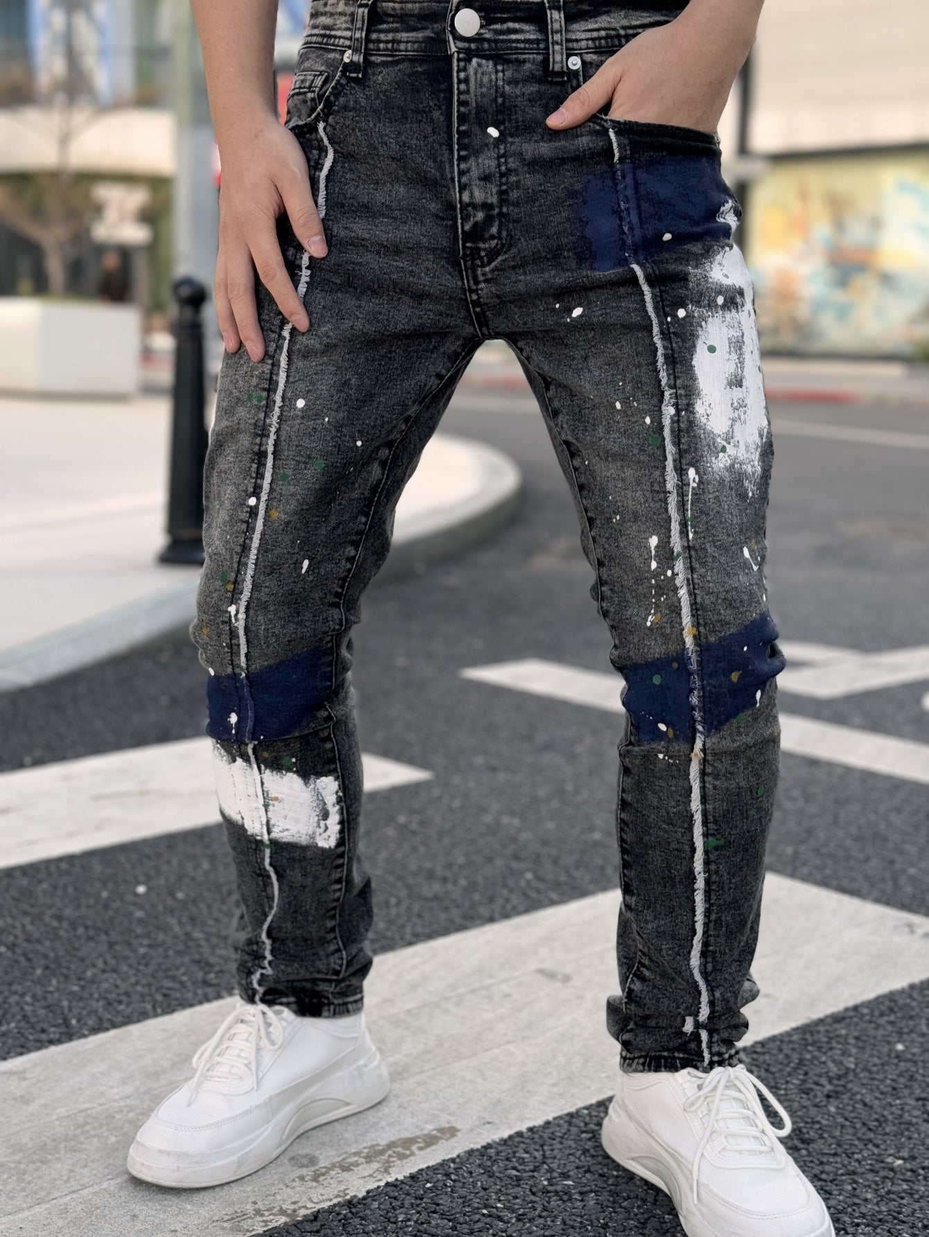 Men's Slim Fit Stretch Jeans with Hand-Painted Splatter & Tassel Details