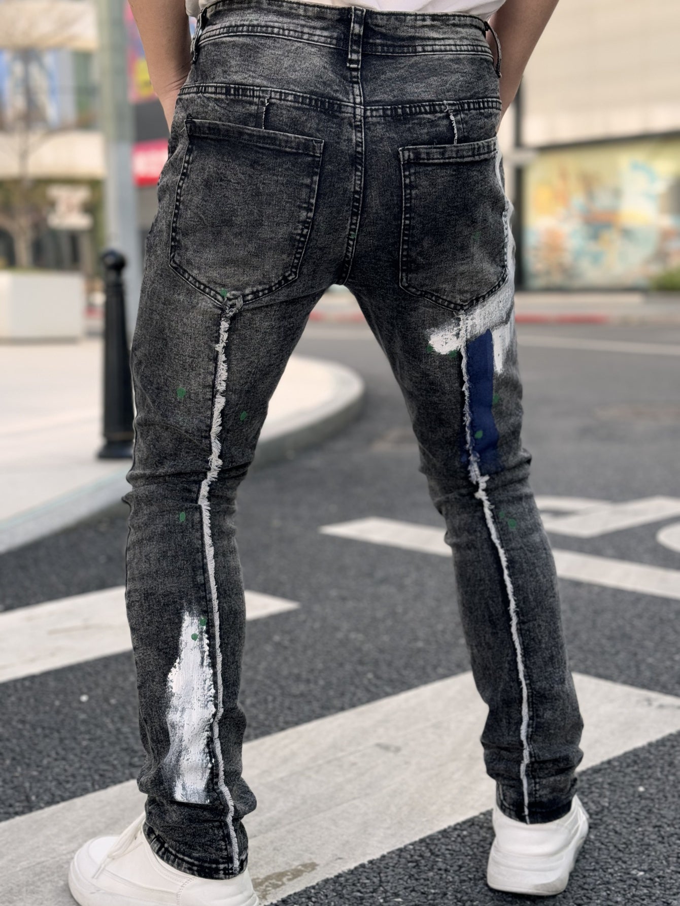 Men's Slim Fit Stretch Jeans with Hand-Painted Splatter & Tassel Details