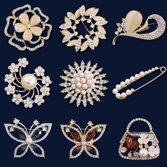 Elegant Metal Flower Pearl Butterfly Brooch Set for Women