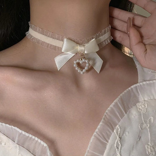 Cute Handmade Vintage Lace Heart Choker Bow Knot Necklace