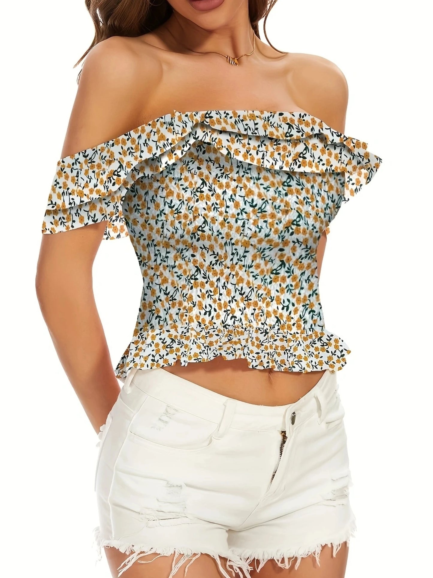 Summer Korean Sexy Off-shoulder Ruffle Floral Crop Top