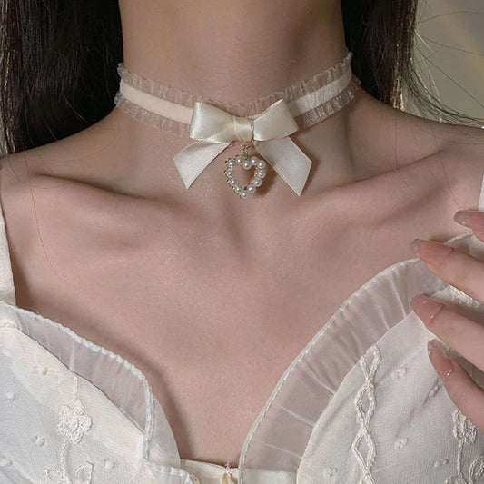 Vintage Lace Heart Choker Necklace with Bow Knot for Women