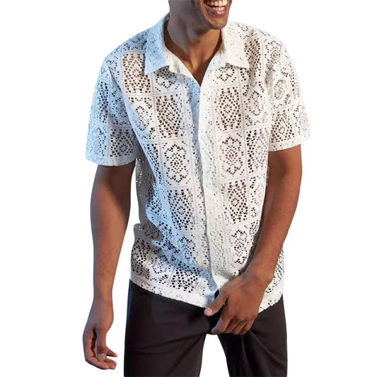 BookerBoutique25 Men Casual Lace Shirts With Lapel Collar