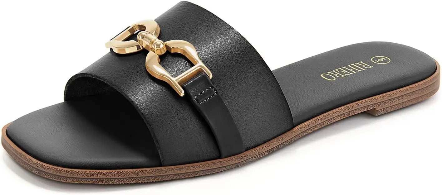Women's Flat Slide Sandals with Gold Chain