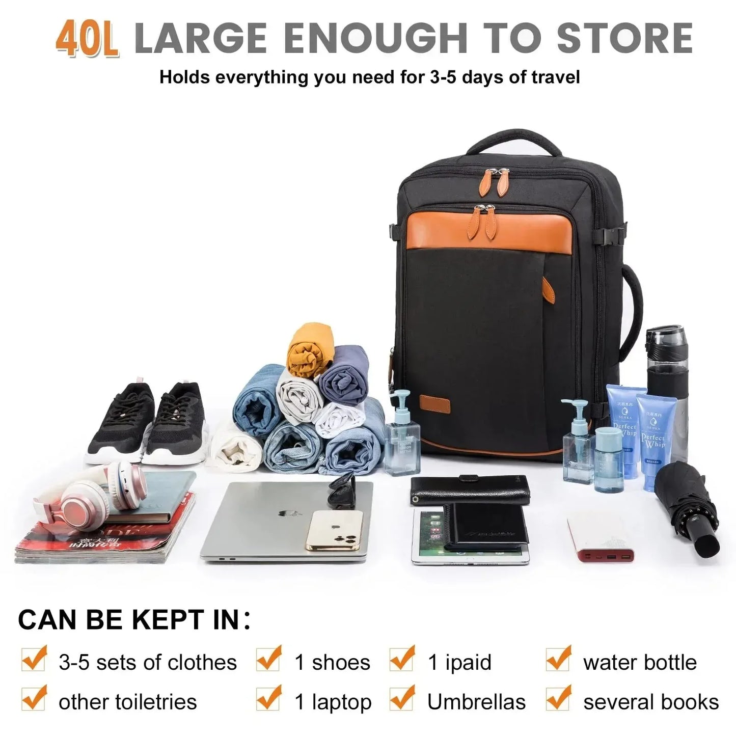 Expandable Waterproof Travel Laptop Backpack 40L