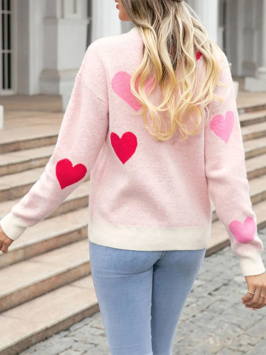 Women’s Heart Print Sweaters Long Sleeve Round Neck Pullovers