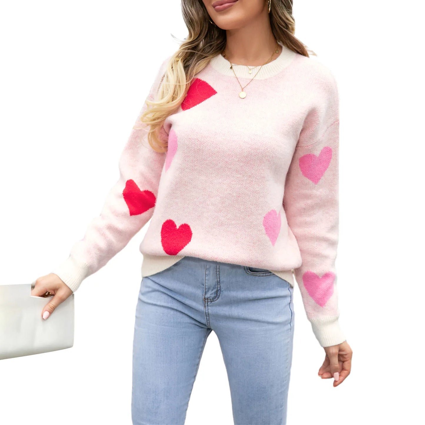 BookerBoutique25 Womens Heart Print Sweaters Round Neck