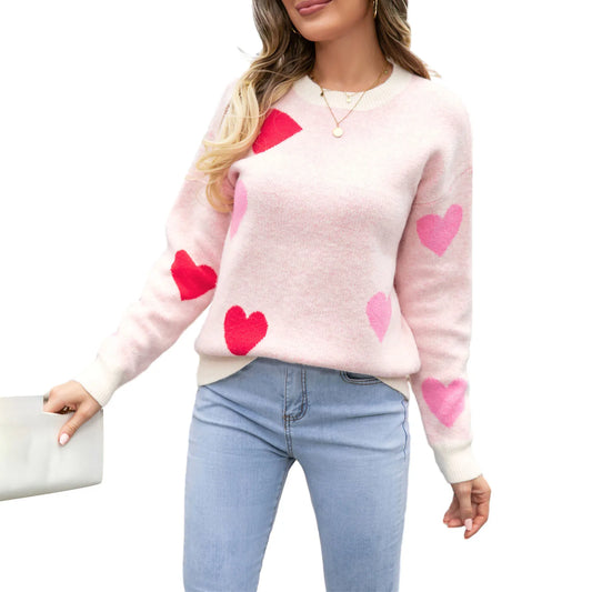 BookerBoutique25 Womens Heart Print Sweaters Round Neck