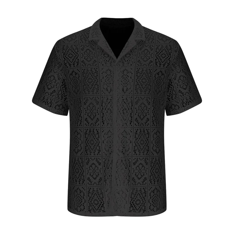 Men's Casual Short Sleeve Button Down Lace Shirts with Lapel Collar