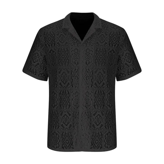 Men's Casual Short Sleeve Button Down Lace Shirts with Lapel Collar