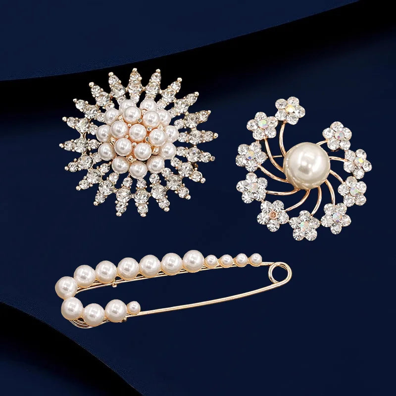 Elegant Metal Flower Pearl Butterfly Brooch Set for Women