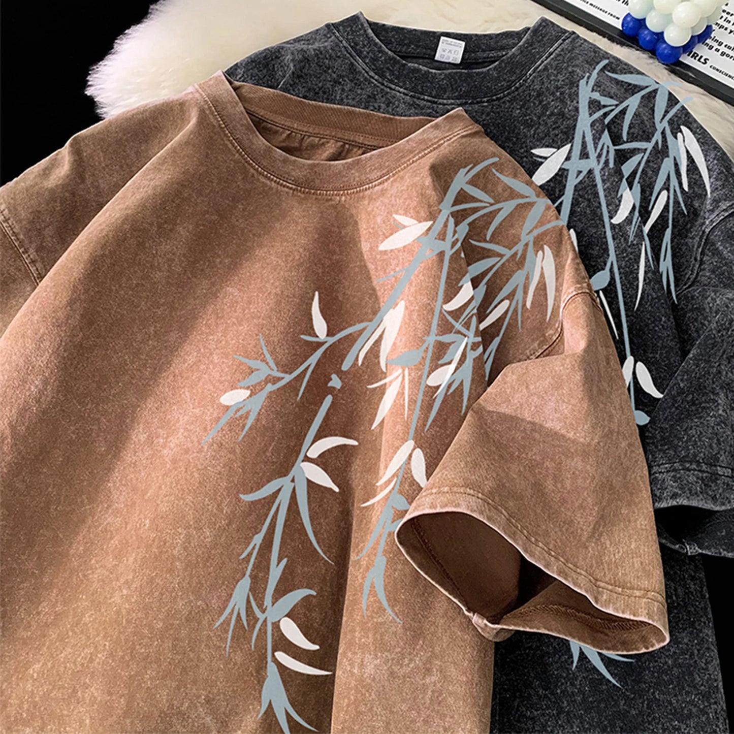 BookerBoutique25 Bamboo Leaf Pattern Short Tee Streetwear