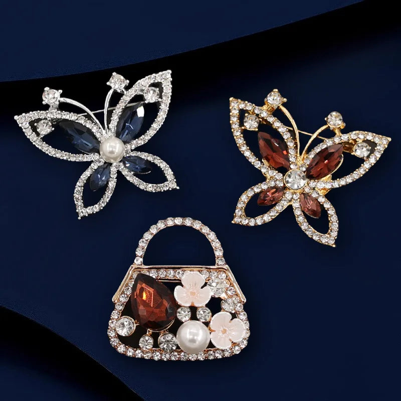 Elegant Metal Flower Pearl Butterfly Brooch Set for Women