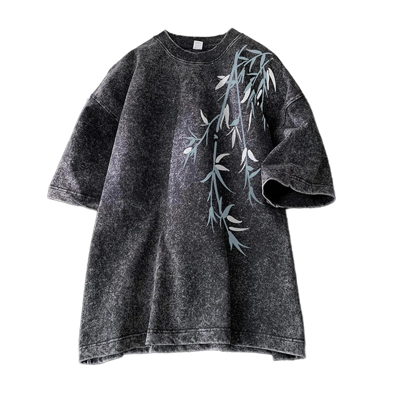 BookerBoutique25 Bamboo Leaf Pattern Short Tee Streetwear