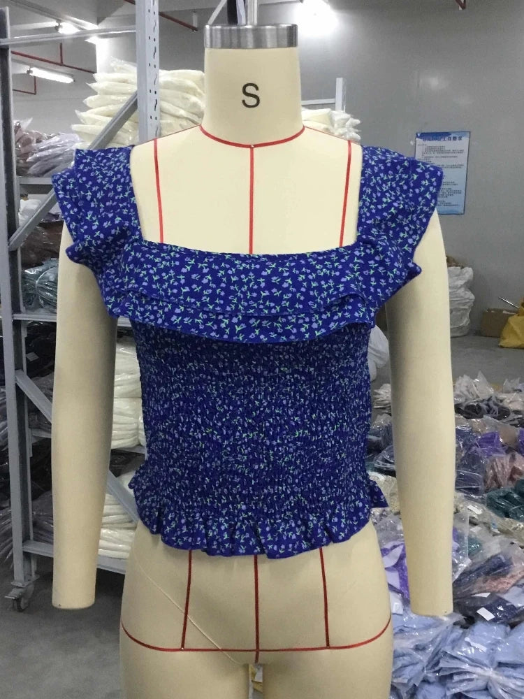 Summer Korean Sexy Off-shoulder Ruffle Floral Crop Top