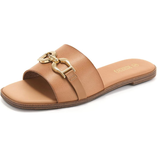 Women's Flat Slide Sandals with Gold Chain