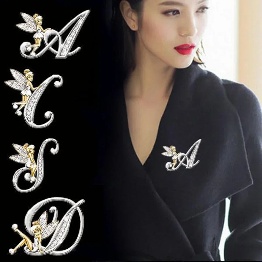 Alphabet A-Z Letter Lapel Pin Luxury Elf Angel Brooch Jewelry