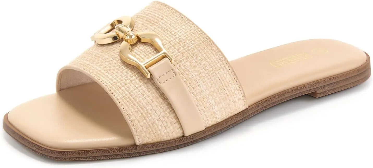 Women's Flat Slide Sandals with Gold Chain