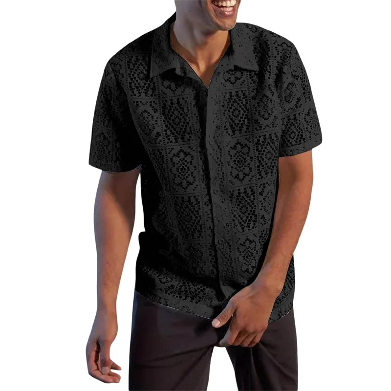 BookerBoutique25 Men Casual Lace Shirts With Lapel Collar