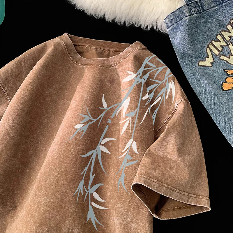 Bamboo Leaf Pattern Short Sleeve Heavy Fabric Acid Washed Men and Women Streetwear Oversized Loose T Shirt for Summer