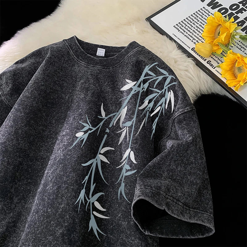 Bamboo Leaf Pattern Short Sleeve Heavy Fabric Acid Washed Men and Women Streetwear Oversized Loose T Shirt for Summer