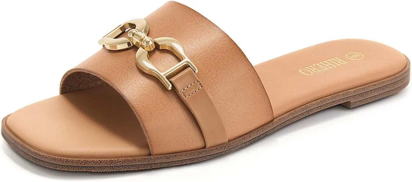 Women's Flat Slide Sandals with Gold Chain