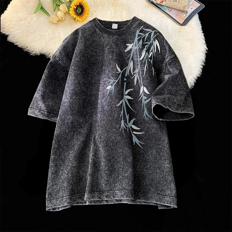 BookerBoutique25 Bamboo Leaf Pattern Short Tee Streetwear