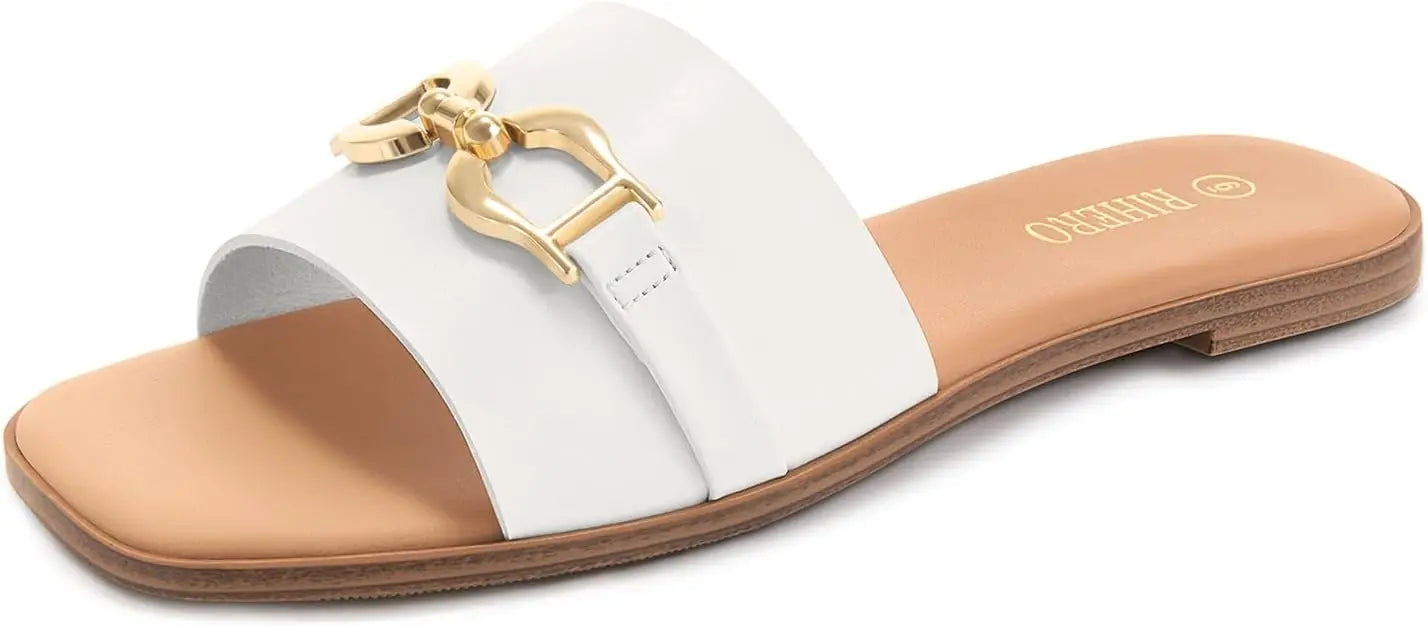 Women's Flat Slide Sandals with Gold Chain