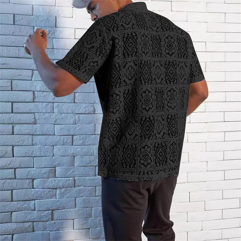 Men's Casual Short Sleeve Button Down Lace Shirts with Lapel Collar