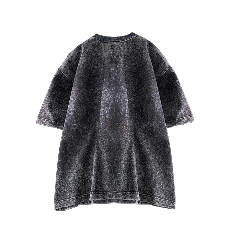 Bamboo Leaf Pattern Short Sleeve Heavy Fabric Acid Washed Men and Women Streetwear Oversized Loose T Shirt for Summer