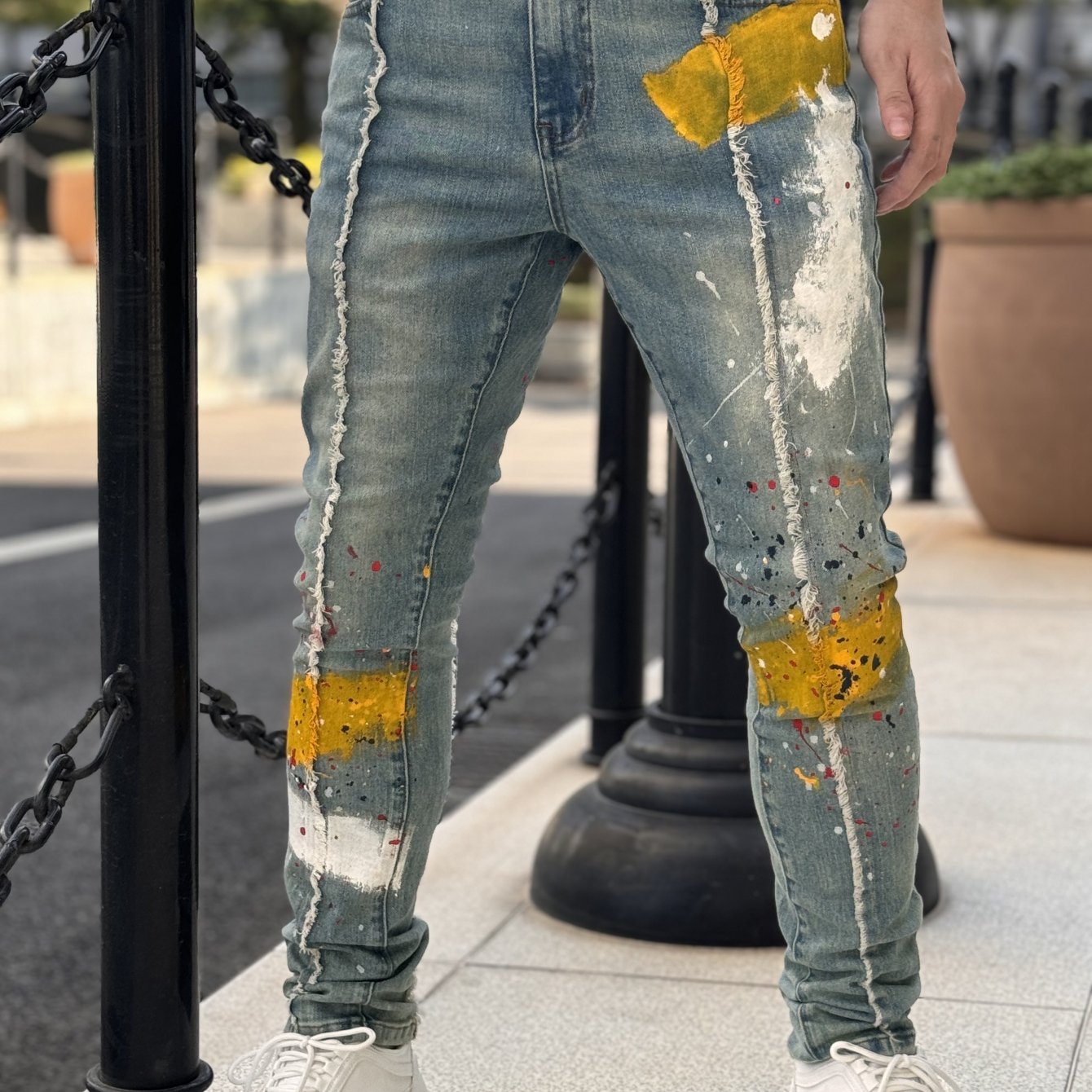 Men's Slim Fit Stretch Jeans with Hand-Painted Splatter & Tassel Details