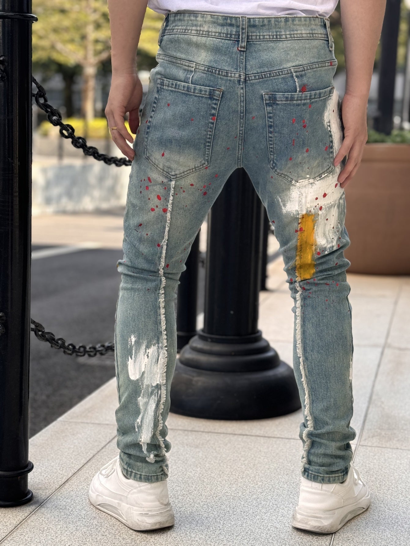 Men's Slim Fit Stretch Jeans with Hand-Painted Splatter & Tassel Details
